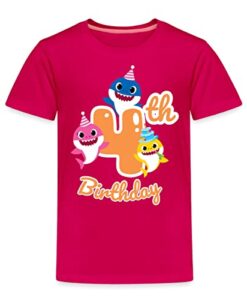 Spreadshirt Baby Shark 4. Geburtstag Geschenk Kindergeburtstag Kinder Premium T-Shirt, 98-104, Dunkles Pink